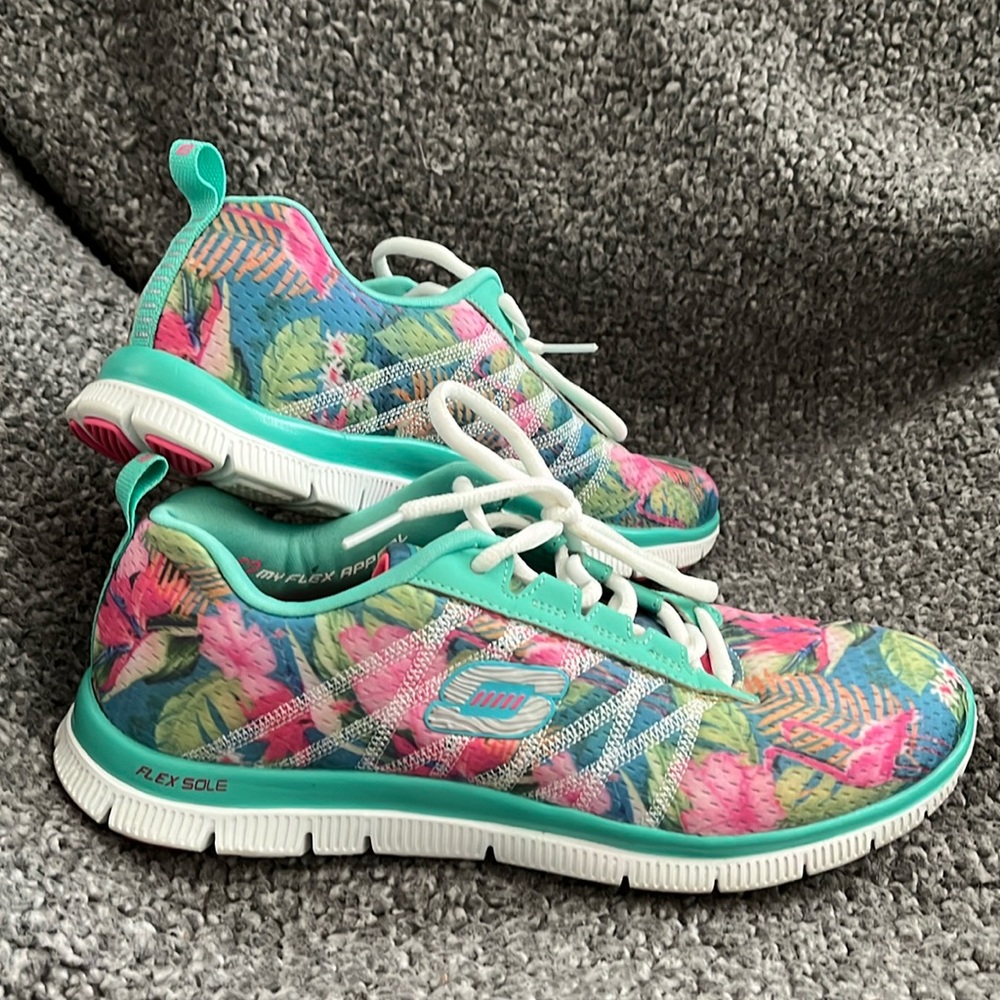 Sketchers Floral Flex Appeal Teal Tropical Multi-Color Sneakers womens Size 9